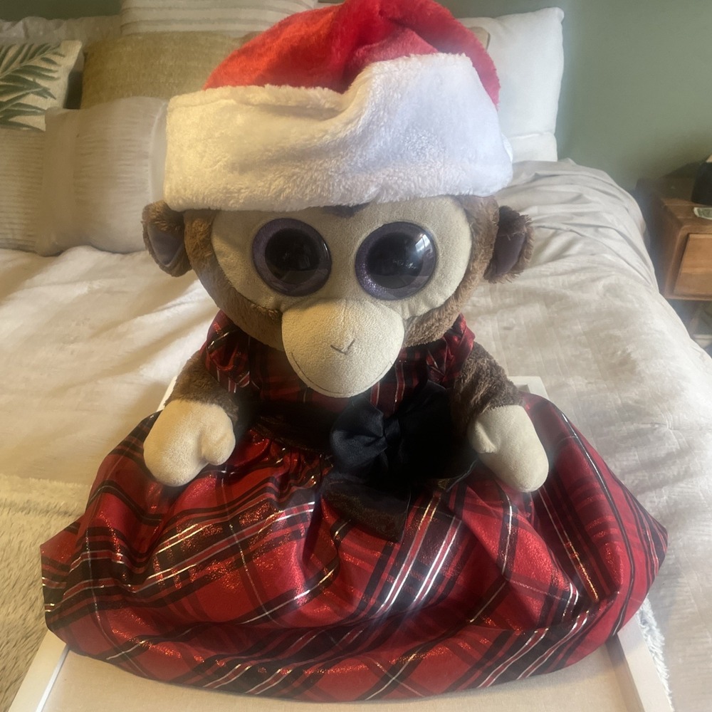 TY Large Jumbo 18" Beanie Babies‎ Coconut Monkey w/ Santa Hat Plaid Christmas